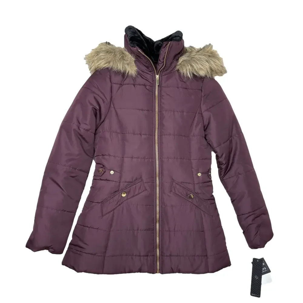 CELEBRITY PINK Women’s size XS Dark Mulberry Hooded Puffer Jacket faux fur NWT - Picture 1 of 8
